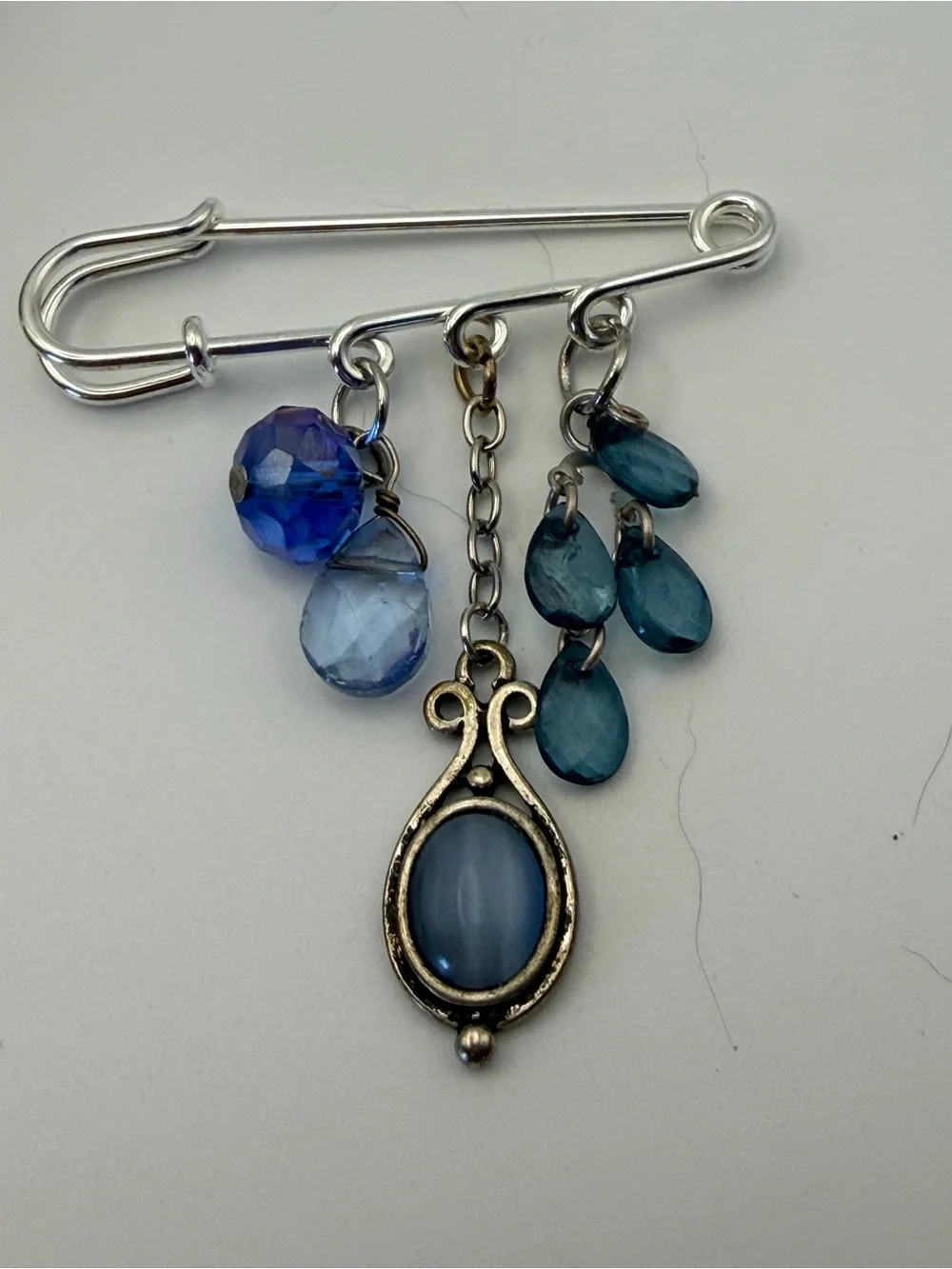 Blue Moonglow Color Oval Dangle Silver Tone Charm Safety Pin Brooch